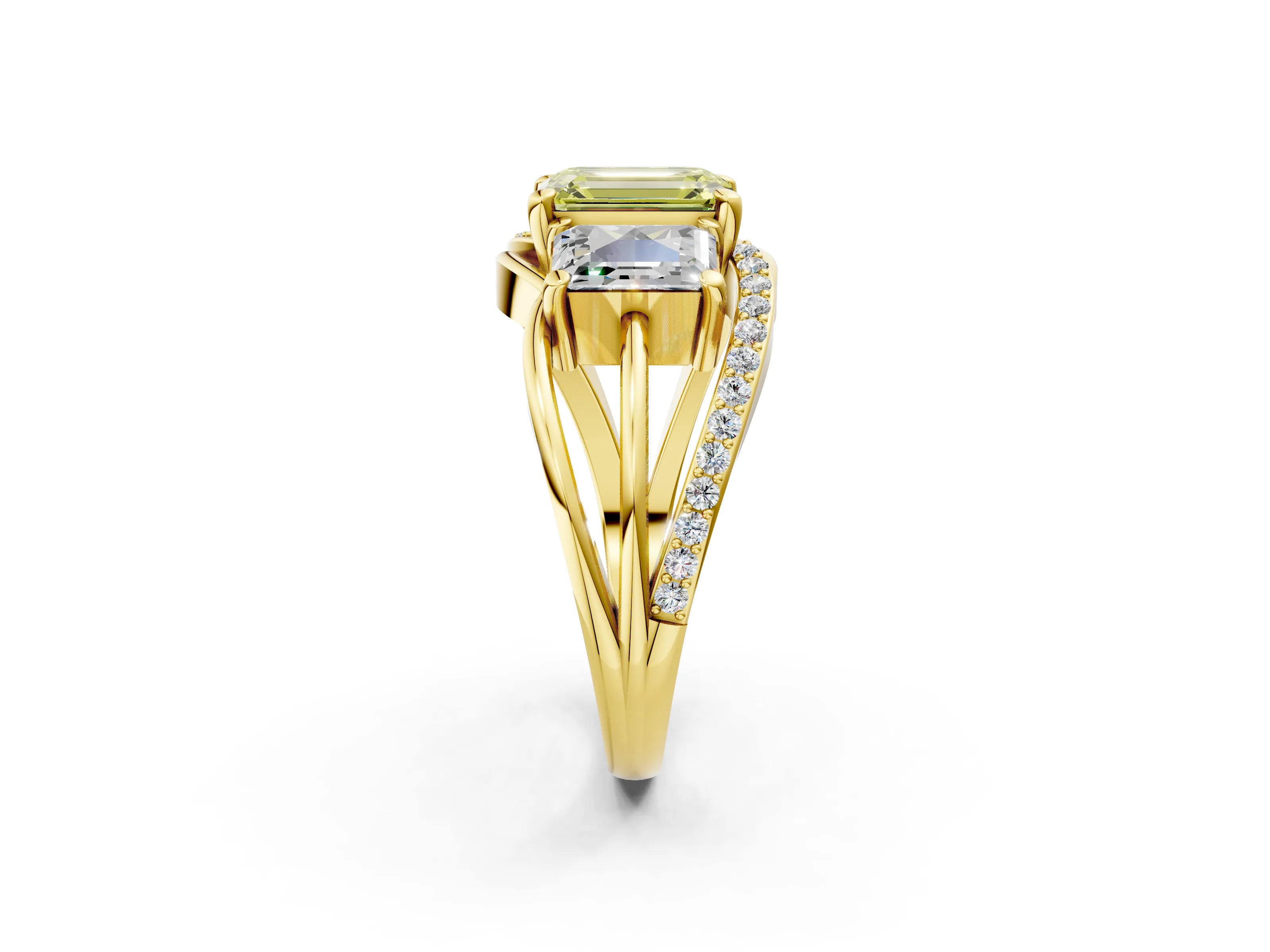 Yellow gold Three-Stone Fancy Yellow Emerald Cut Cut Diamond Split Shank Prong Set Ring_2