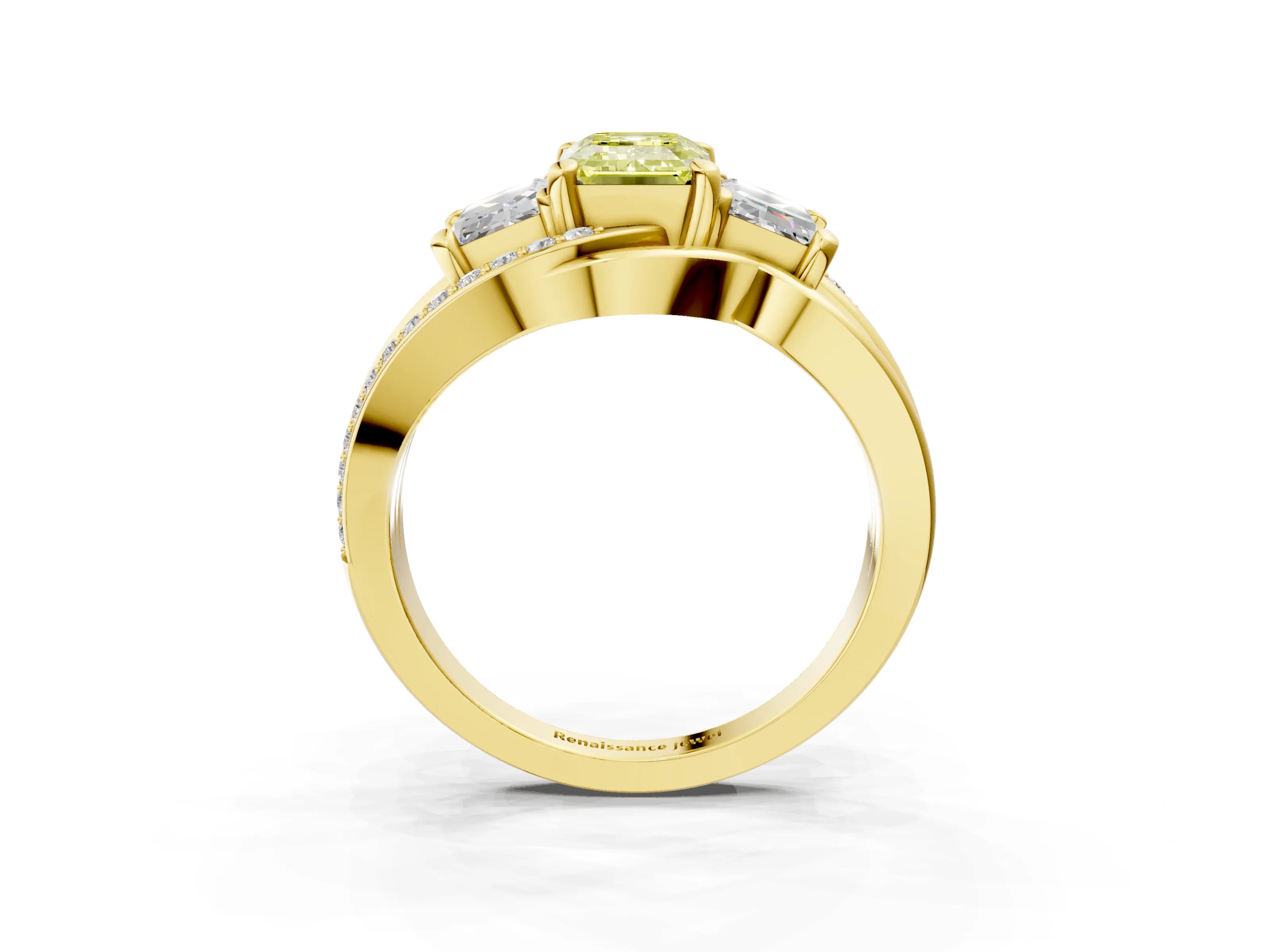 Yellow gold Three-Stone Fancy Yellow Emerald Cut Cut Diamond Split Shank Prong Set Ring_3
