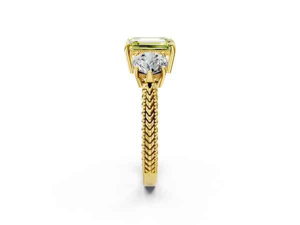 Yellow Gold Emerald Cut Vintage Three Stone Engagement Ring Setting for Fancy Yellow Center