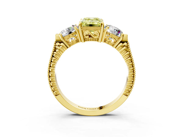 Yellow Gold Emerald Cut Vintage Three Stone Engagement Ring Setting for Fancy Yellow Center
