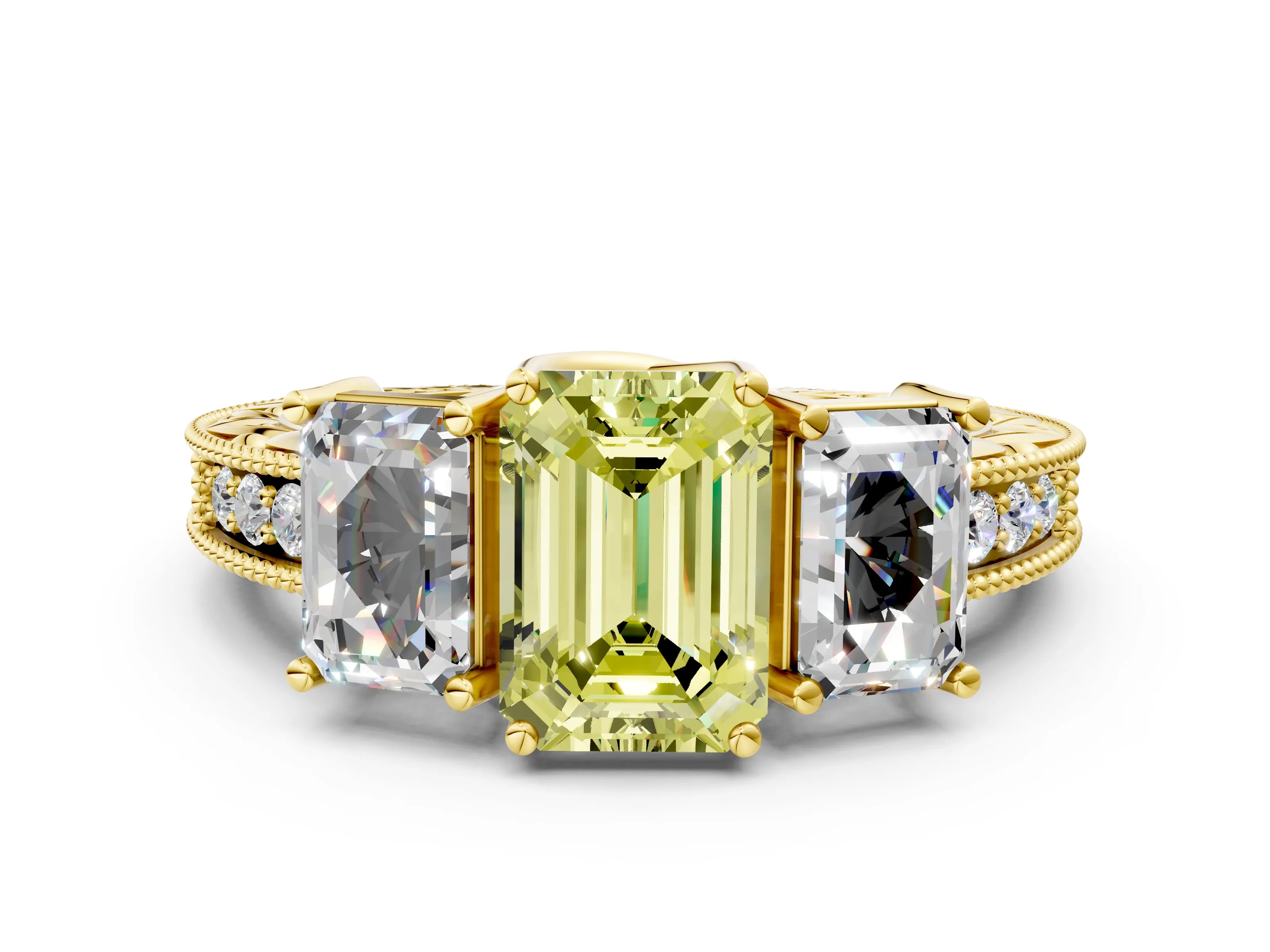 Yellow gold Three-Stone Fancy Yellow Emerald Cut Cut Milgrain Pavé Engagement Ring