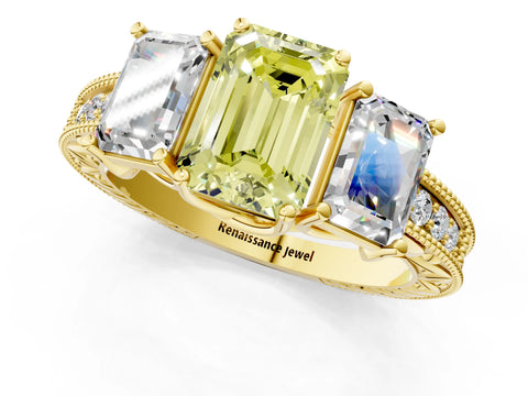 Yellow gold Three-Stone Fancy Yellow Emerald Cut Cut Milgrain Pavé Engagement Ring_1
