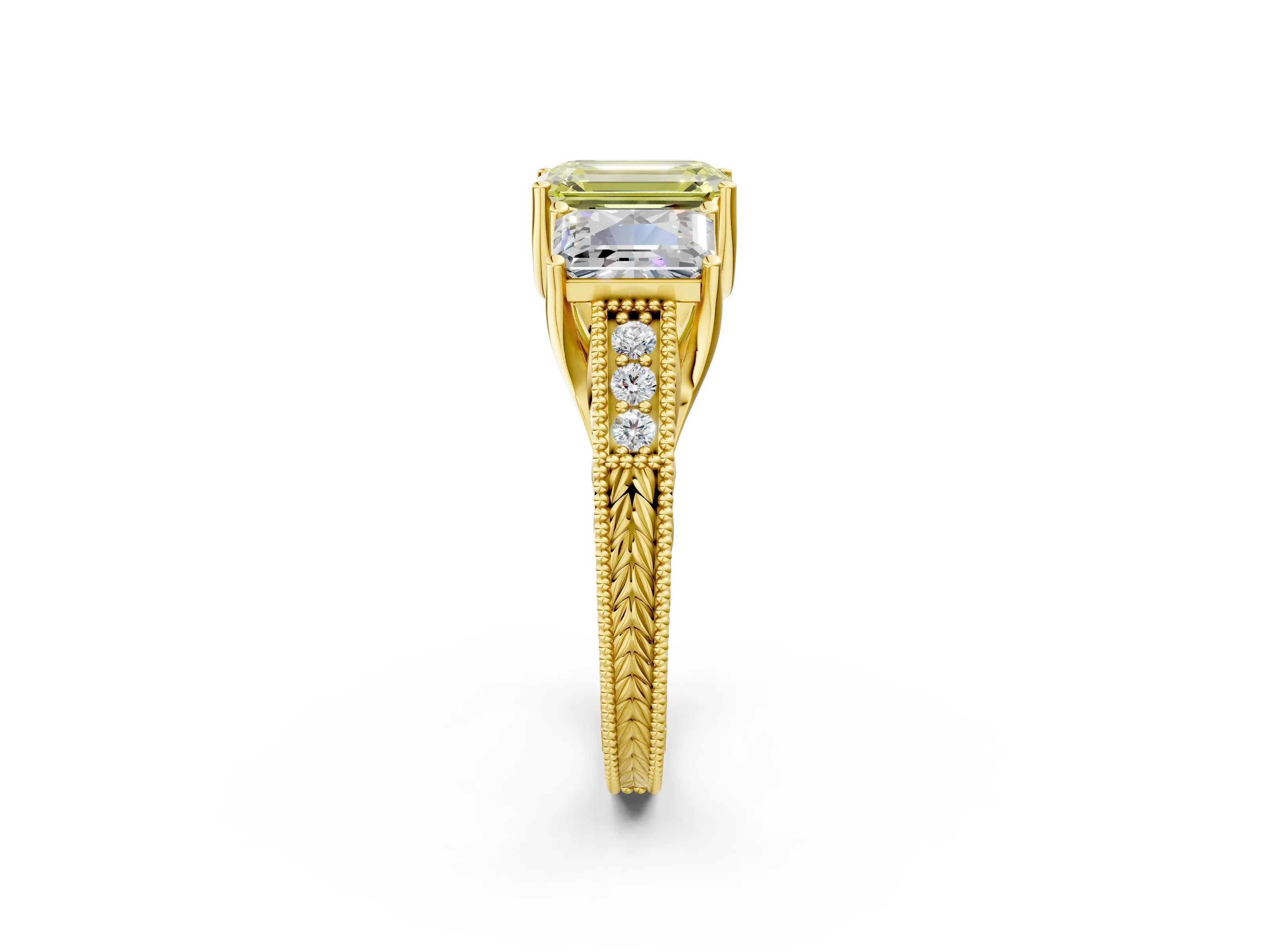 Yellow gold Three-Stone Fancy Yellow Emerald Cut Cut Milgrain Pavé Engagement Ring_2