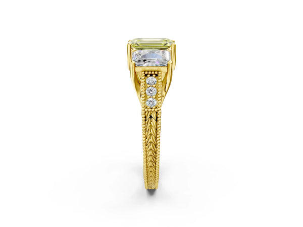 Yellow Gold Emerald Cut Engraved Three Stone Engagement Ring Setting for Fancy Yellow Center