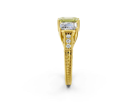 Yellow gold Three-Stone Fancy Yellow Emerald Cut Cut Milgrain Pavé Engagement Ring_26