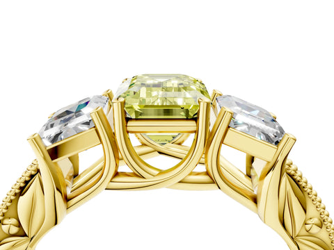 Yellow gold Three-Stone Fancy Yellow Emerald Cut Cut Milgrain Pavé Engagement Ring_28