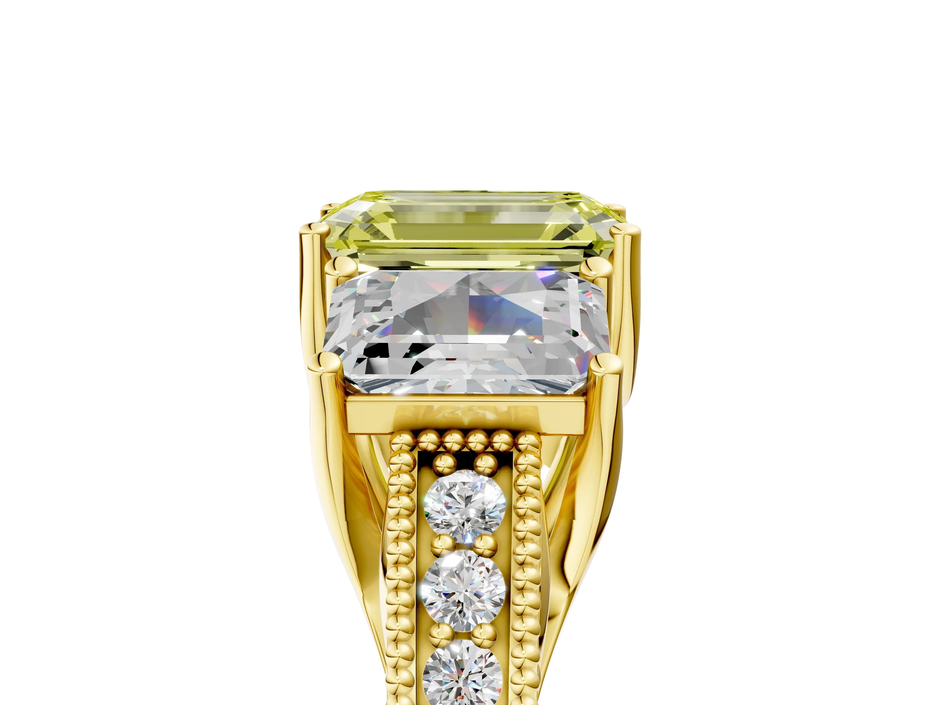 Yellow gold Three-Stone Fancy Yellow Emerald Cut Cut Milgrain Pavé Engagement Ring_29