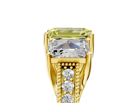 Yellow gold Three-Stone Fancy Yellow Emerald Cut Cut Milgrain Pavé Engagement Ring_29