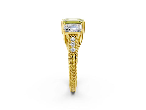 Yellow gold Three-Stone Fancy Yellow Emerald Cut Cut Milgrain Pavé Engagement Ring_2