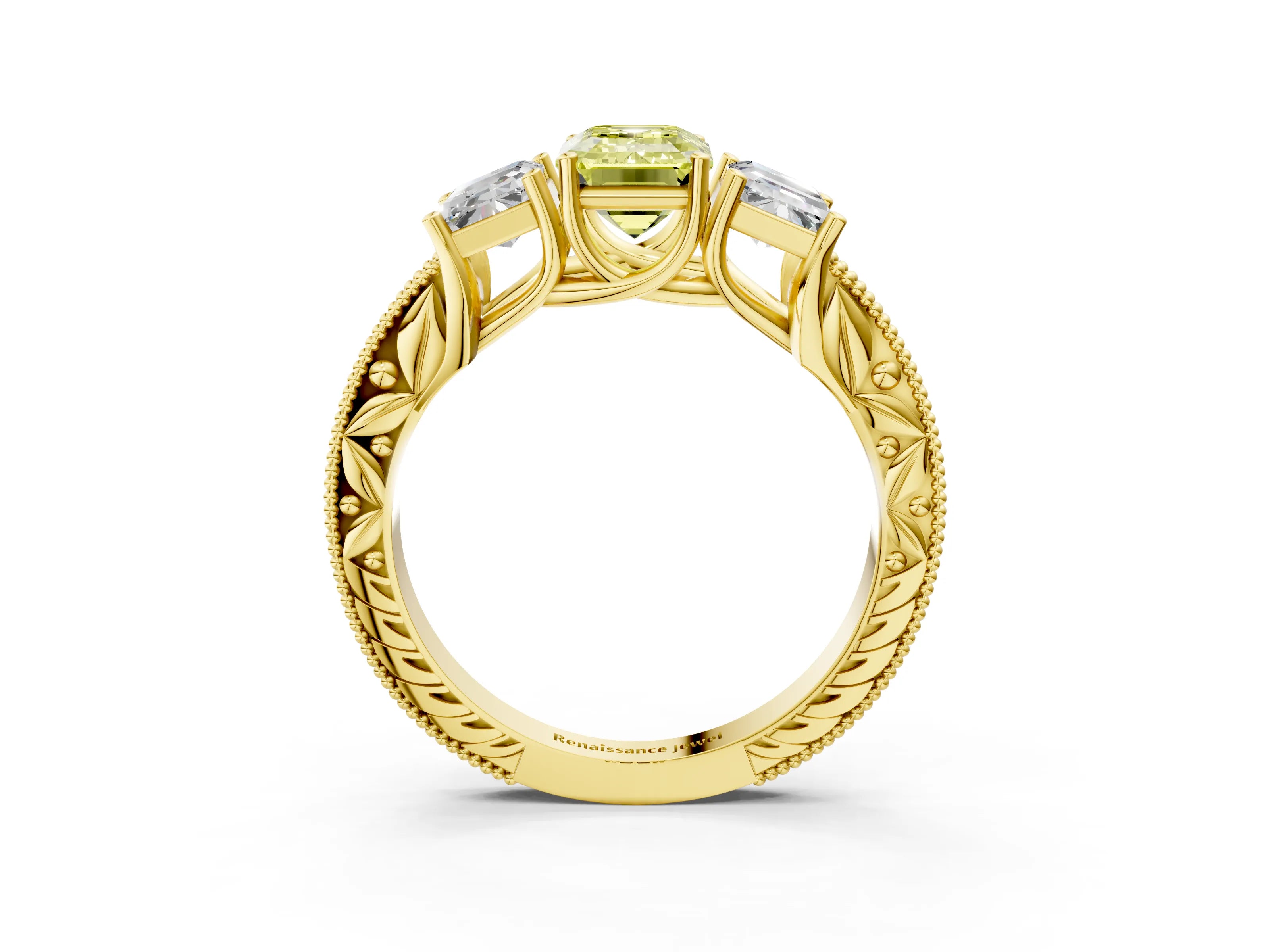 Yellow gold Three-Stone Fancy Yellow Emerald Cut Cut Milgrain Pavé Engagement Ring_3