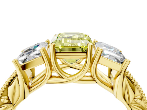 Yellow gold Three-Stone Fancy Yellow Emerald Cut Cut Milgrain Pavé Engagement Ring_4