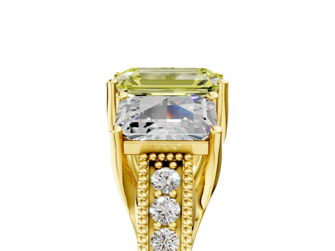 Yellow gold Three-Stone Fancy Yellow Emerald Cut Cut Milgrain Pavé Engagement Ring_5