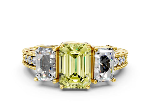 Yellow gold Three-Stone Fancy Yellow Emerald Cut Cut Milgrain Pavé Engagement Ring