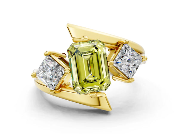 Yellow gold Three-Stone Fancy Yellow Emerald Cut Cut Tension Band Ring with Four-Prong Setting