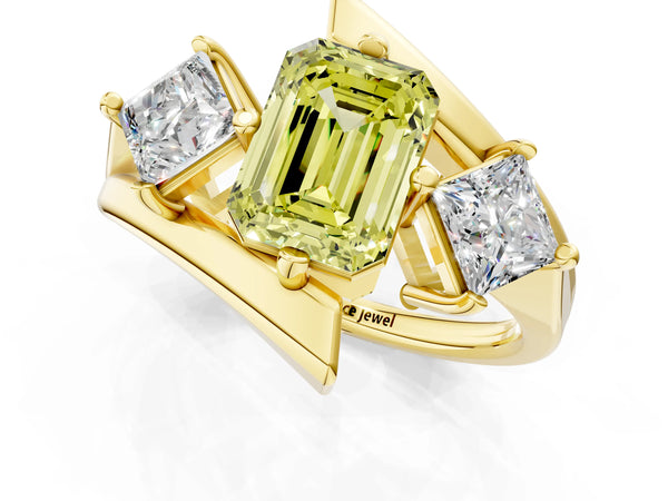 Yellow gold Three-Stone Fancy Yellow Emerald Cut Cut Tension Band Ring with Four-Prong Setting