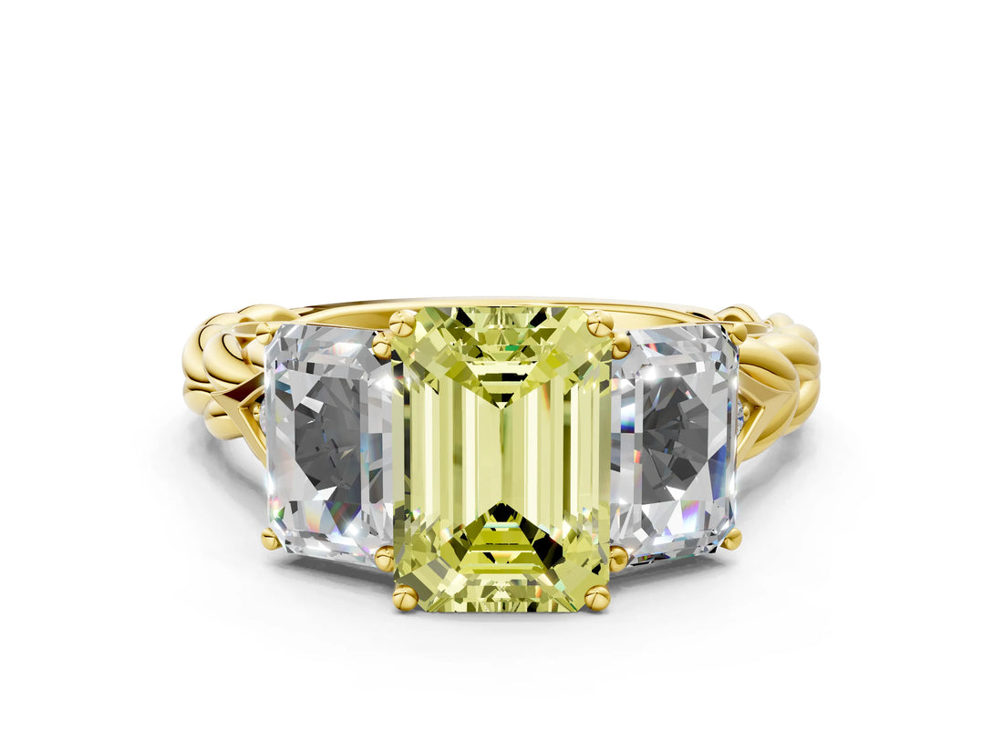 Yellow gold Three-Stone Fancy Yellow Emerald Cut Diamond Braided Band Ring with Four-Prong Setting_93