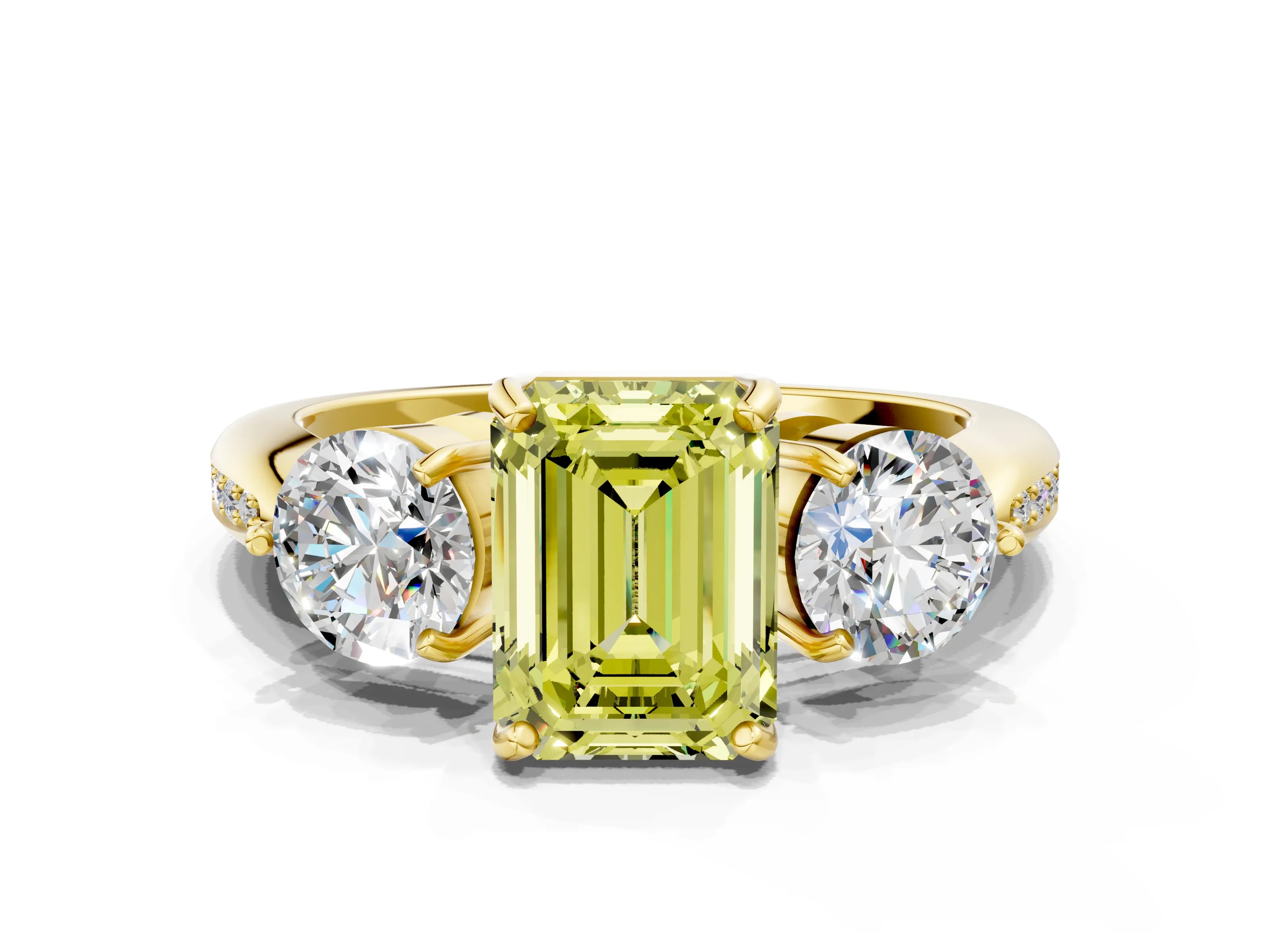 Yellow gold Three-Stone Fancy Yellow Emerald Cut Diamond Channel Set Engagement Ring with Prong Setting