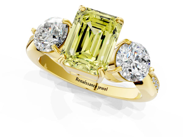 Yellow gold Three-Stone Fancy Yellow Emerald Cut Diamond Channel Set Engagement Ring with Prong Setting