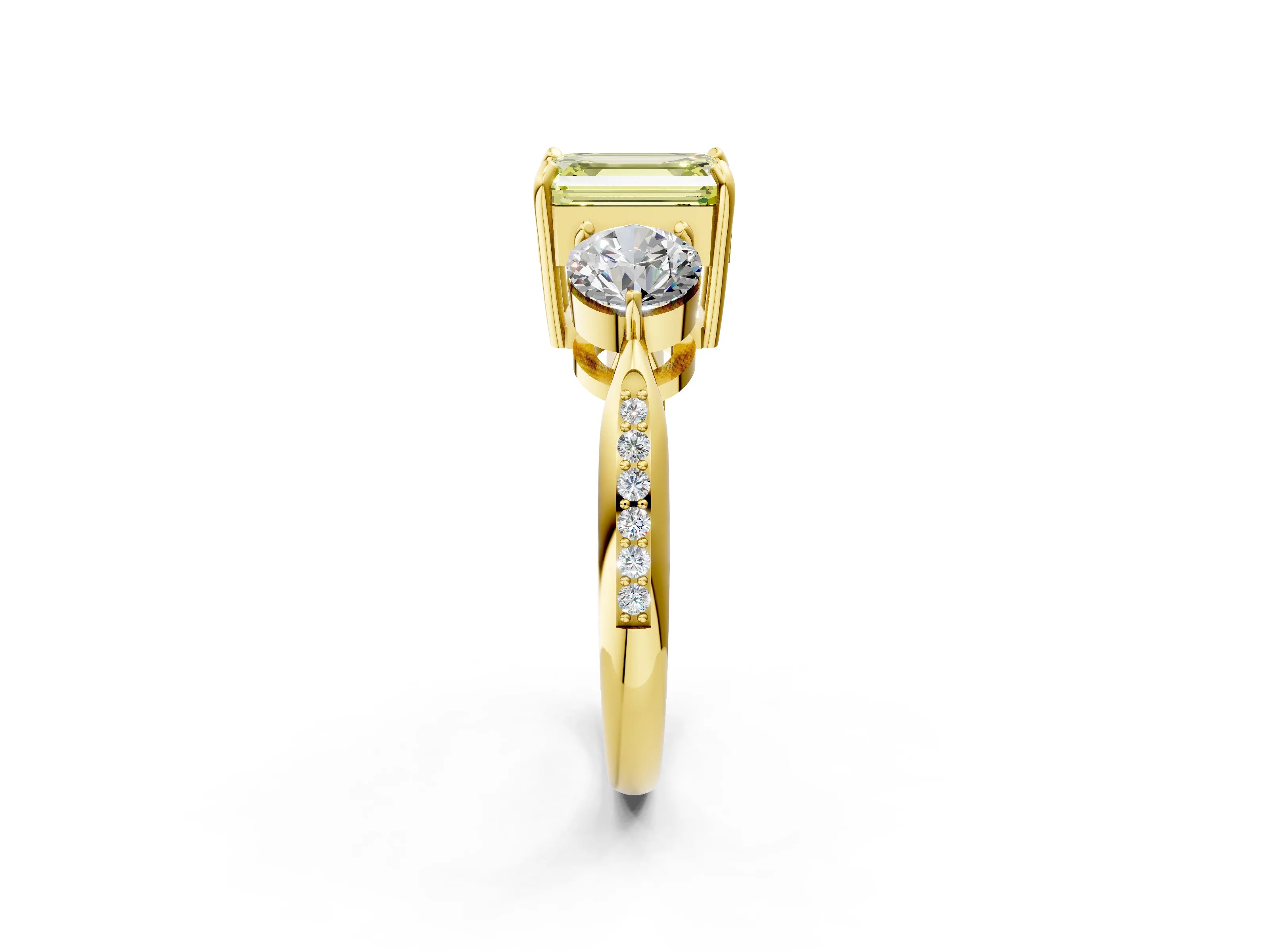 Yellow gold Three-Stone Fancy Yellow Emerald Cut Diamond Channel Set Engagement Ring with Prong Setting_2