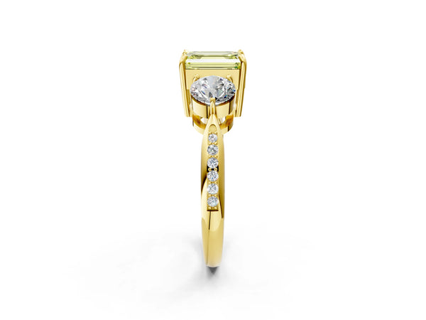 Yellow gold Three-Stone Fancy Yellow Emerald Cut Diamond Channel Set Engagement Ring with Prong Setting