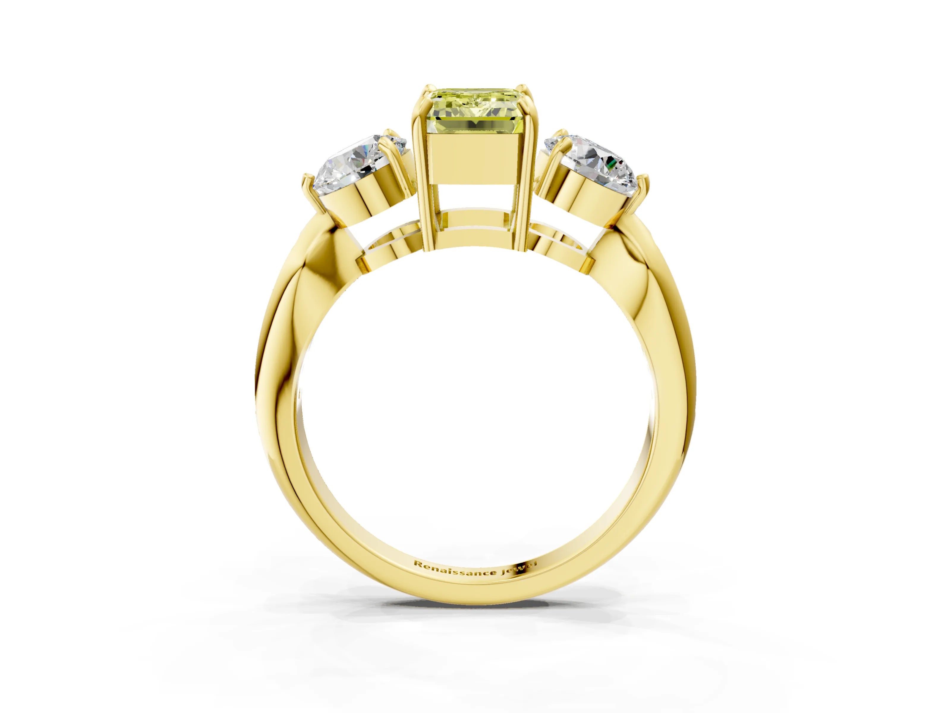 Yellow gold Three-Stone Fancy Yellow Emerald Cut Diamond Channel Set Engagement Ring with Prong Setting_3