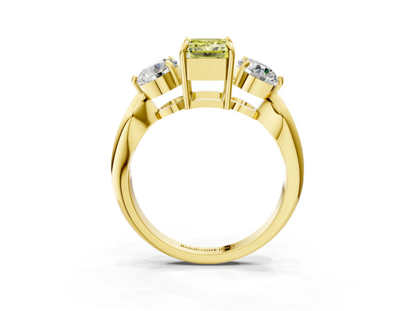 Yellow gold Three-Stone Fancy Yellow Emerald Cut Diamond Channel Set Engagement Ring with Prong Setting
