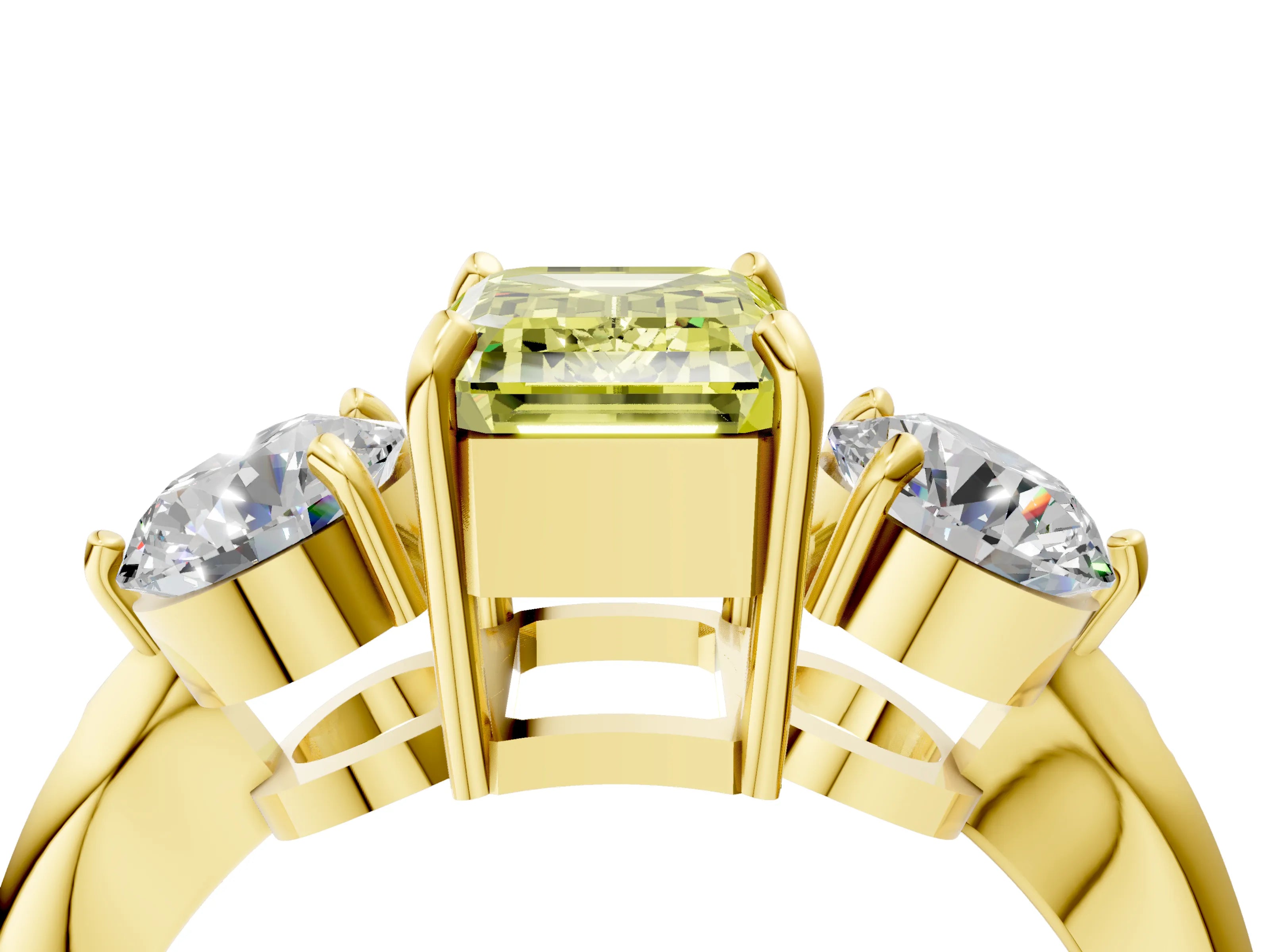 Yellow gold Three-Stone Fancy Yellow Emerald Cut Diamond Channel Set Engagement Ring with Prong Setting_4