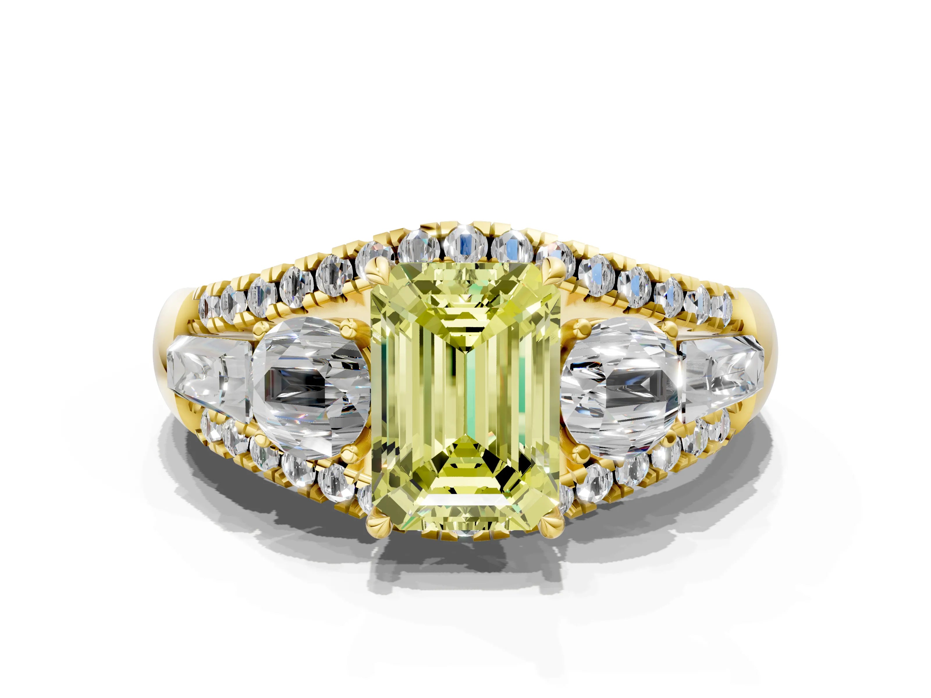 Yellow gold Three-Stone Fancy Yellow Emerald Cut Diamond Engagement Ring with Pave Band and Prong Setting_12