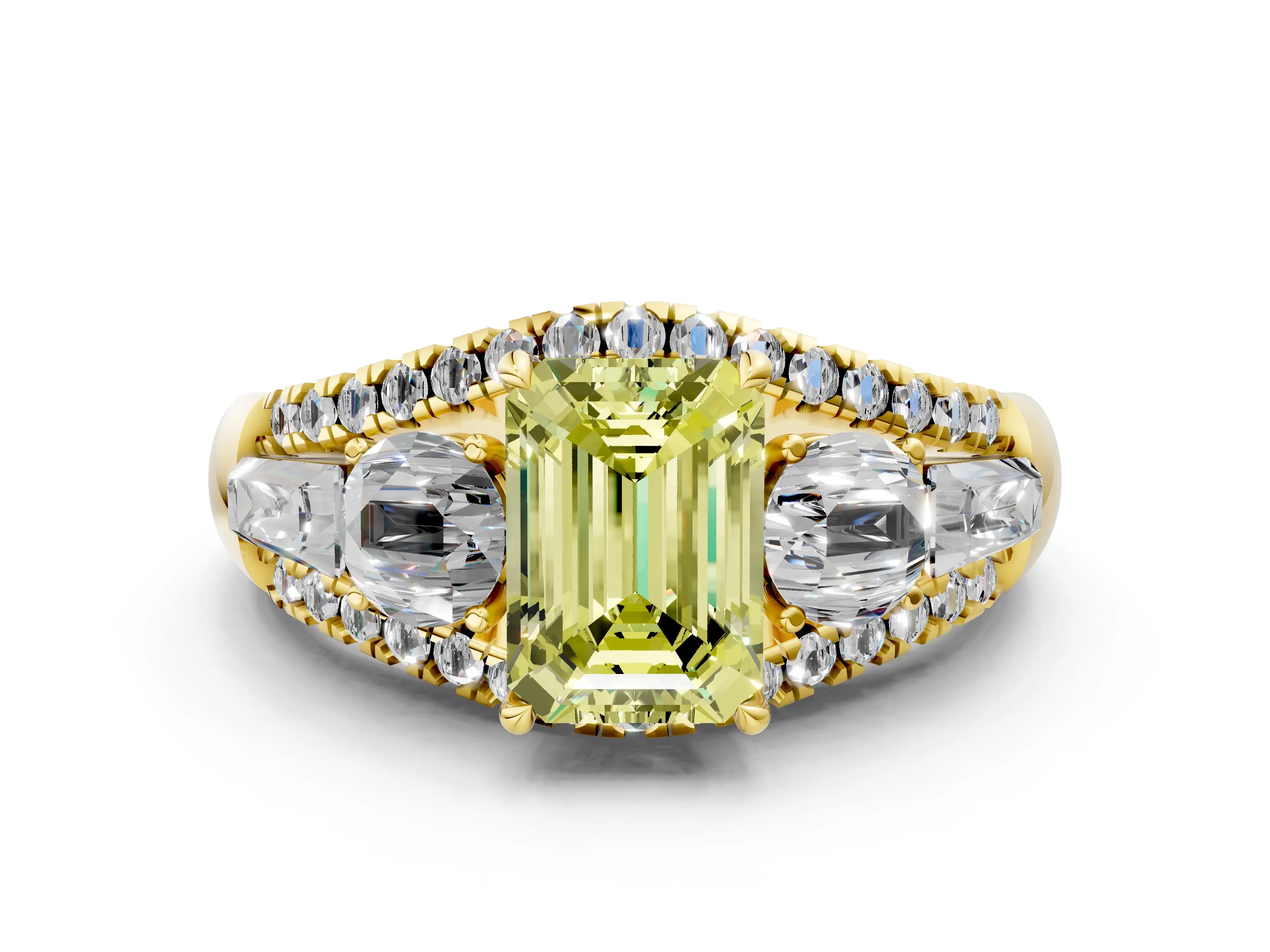 Yellow gold Three-Stone Fancy Yellow Emerald Cut Diamond Engagement Ring with Pave Band and Prong Setting_12