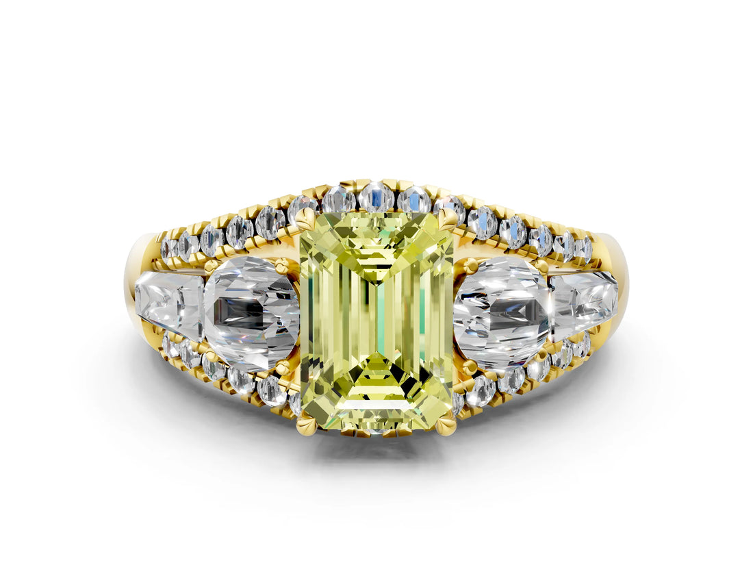 Yellow gold Three-Stone Fancy Yellow Emerald Cut Diamond Engagement Ring with Pave Band and Prong Setting_12