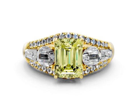 Yellow gold Three-Stone Fancy Yellow Emerald Cut Diamond Engagement Ring with Pave Band and Prong Setting_12