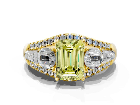 Yellow gold Three-Stone Fancy Yellow Emerald Cut Diamond Engagement Ring with Pave Band and Prong Setting_12