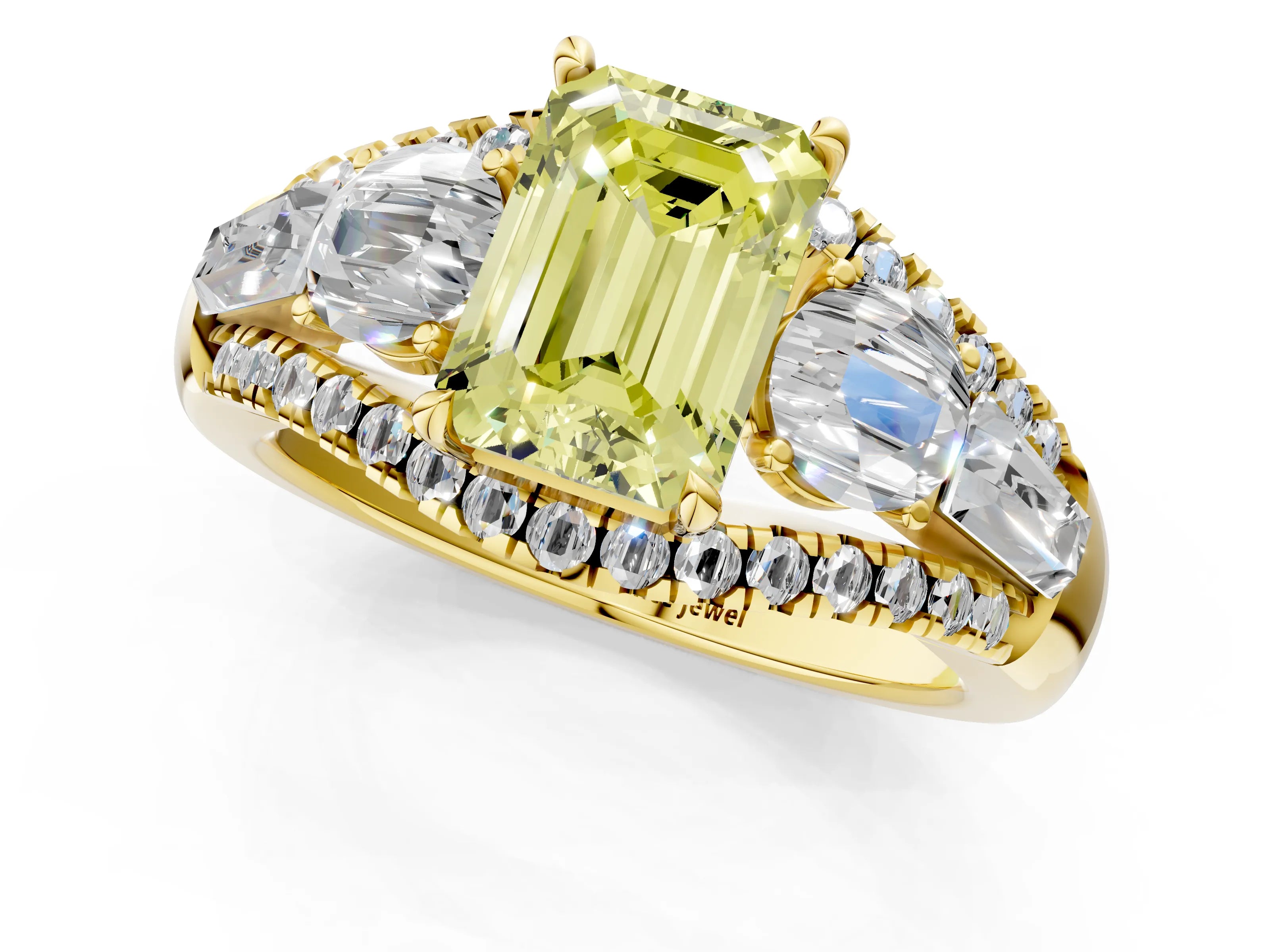 Yellow gold Three-Stone Fancy Yellow Emerald Cut Diamond Engagement Ring with Pave Band and Prong Setting_13