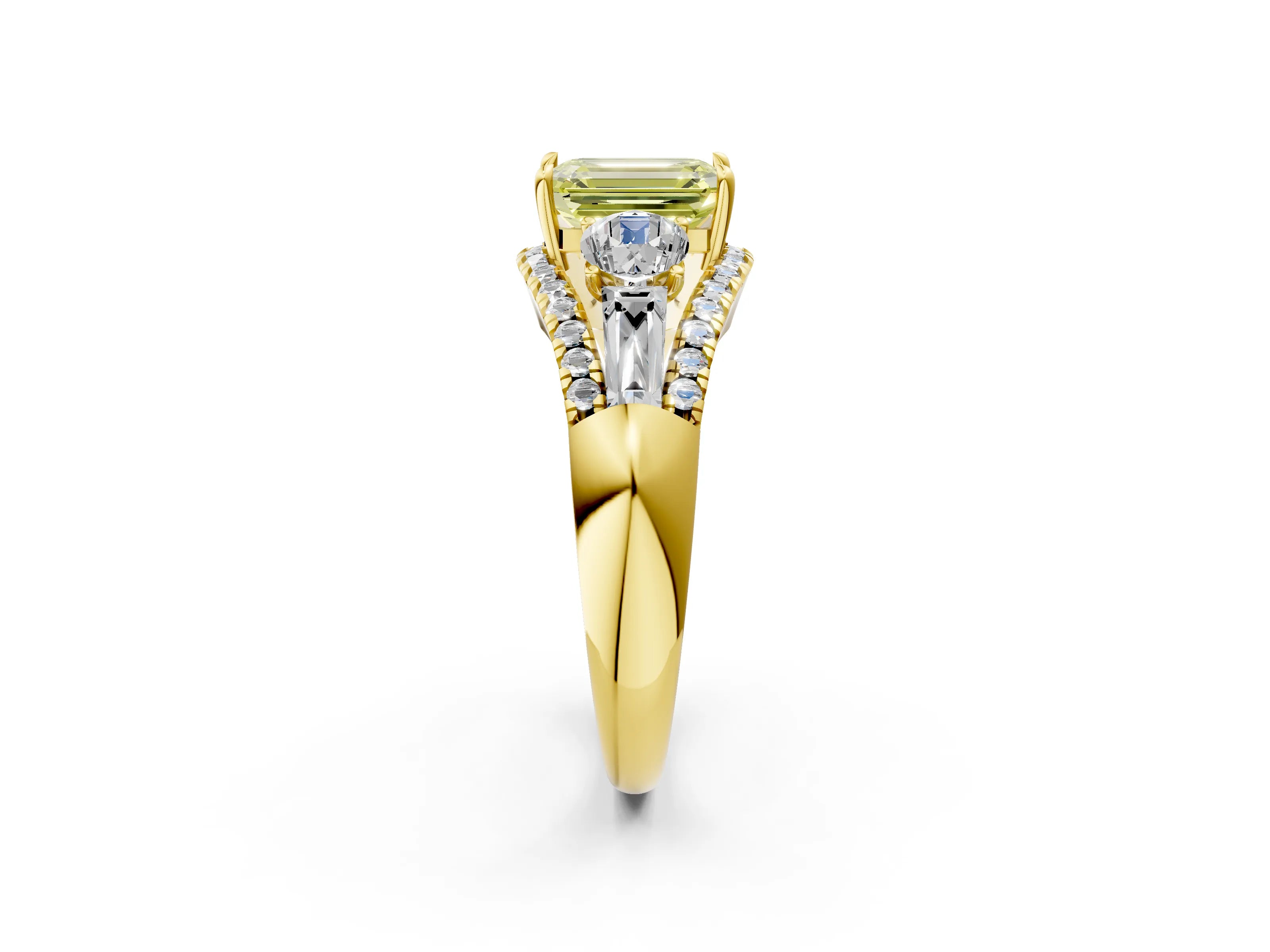 Yellow gold Three-Stone Fancy Yellow Emerald Cut Diamond Engagement Ring with Pave Band and Prong Setting_14