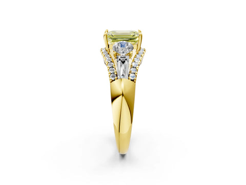 Yellow gold Three-Stone Fancy Yellow Emerald Cut Diamond Engagement Ring with Pave Band and Prong Setting_14