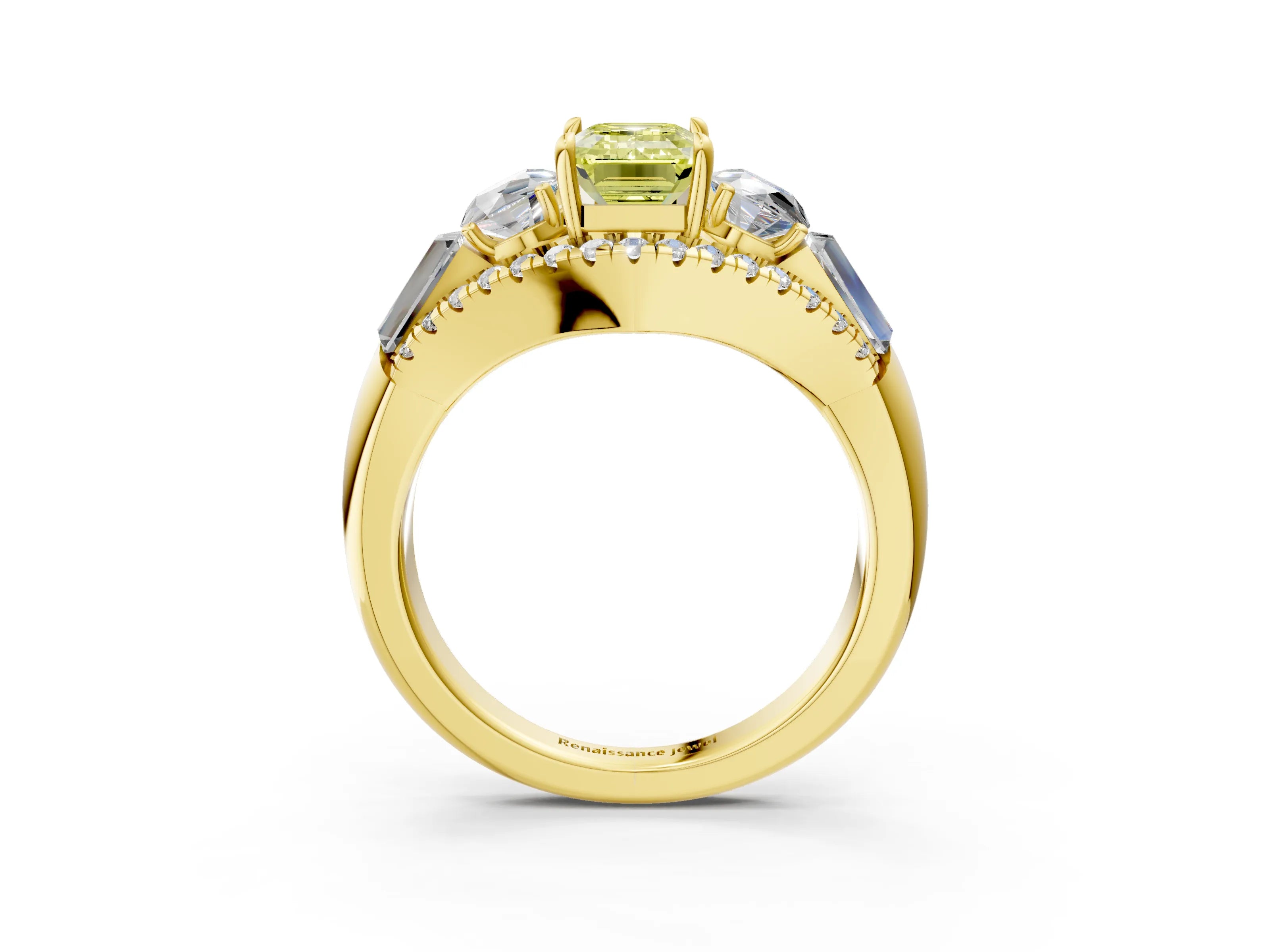 Yellow gold Three-Stone Fancy Yellow Emerald Cut Diamond Engagement Ring with Pave Band and Prong Setting_15