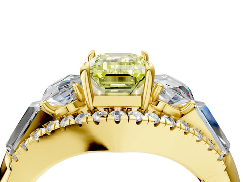 Yellow gold Three-Stone Fancy Yellow Emerald Cut Diamond Engagement Ring with Pave Band and Prong Setting_16