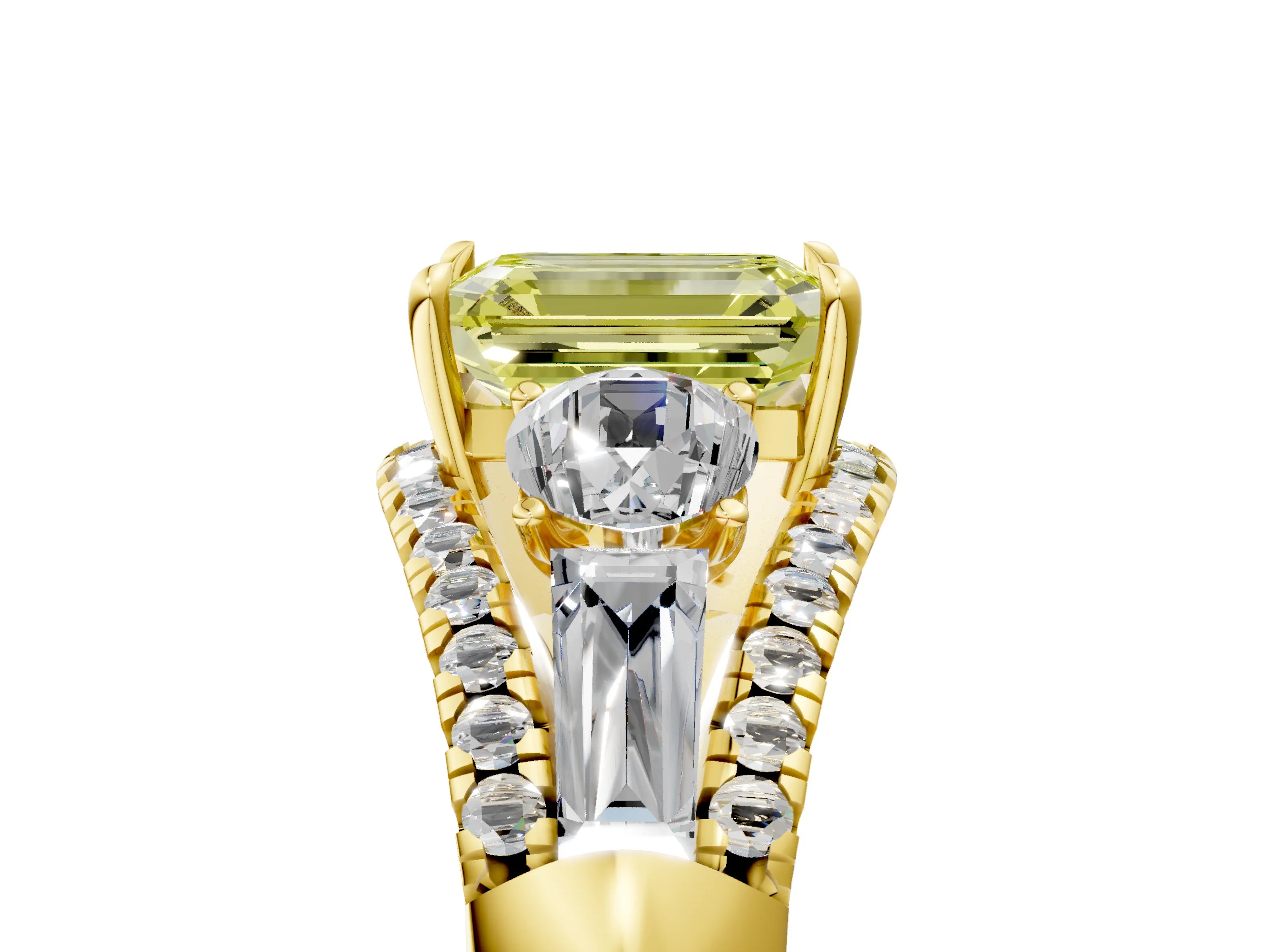 Yellow gold Three-Stone Fancy Yellow Emerald Cut Diamond Engagement Ring with Pave Band and Prong Setting_17
