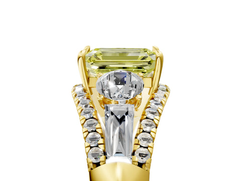 Yellow gold Three-Stone Fancy Yellow Emerald Cut Diamond Engagement Ring with Pave Band and Prong Setting_17