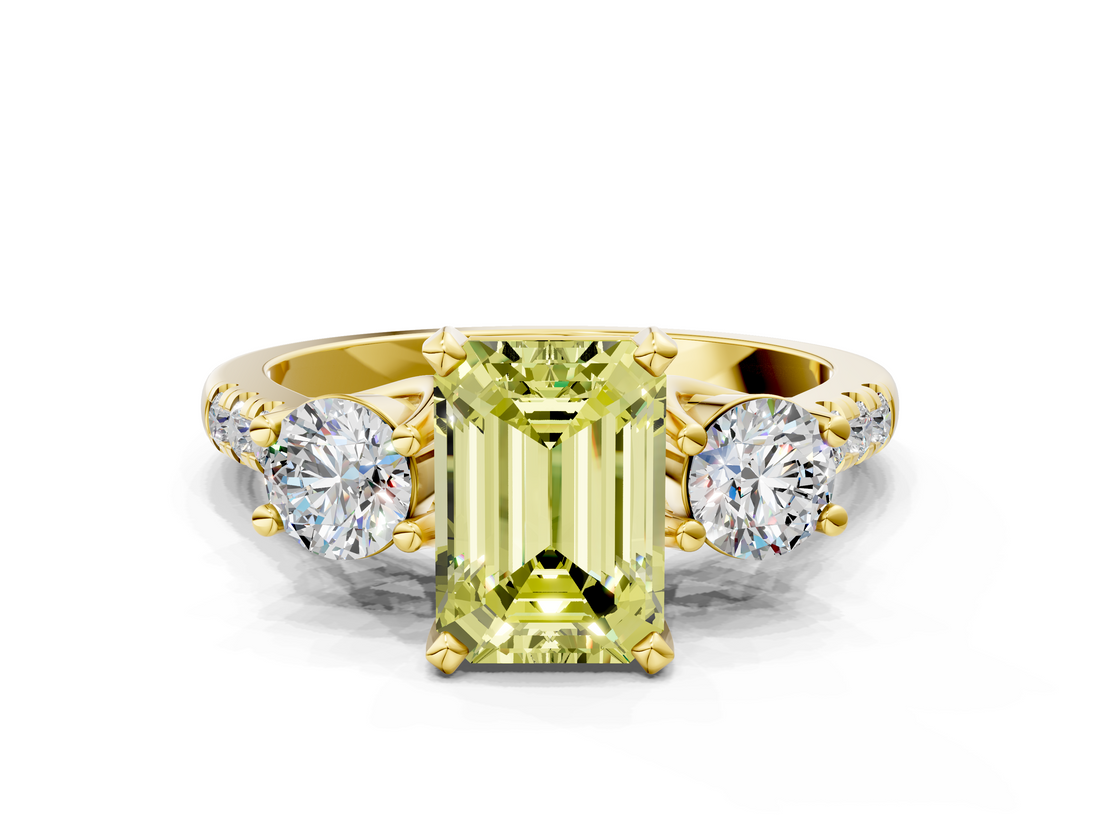 Yellow gold Three-Stone Fancy Yellow Emerald  Cut Diamond Pavé Band with Four-Prong Setting_28