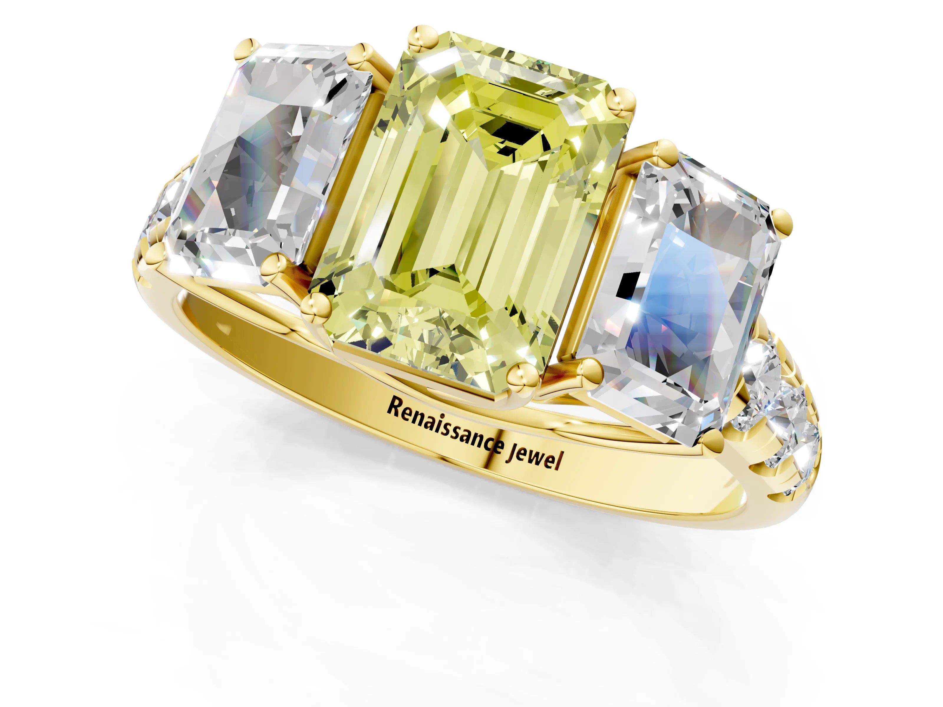 Yellow gold Three-Stone Fancy Yellow Emerald Cut Diamond Pavé Band with Prong Setting_1