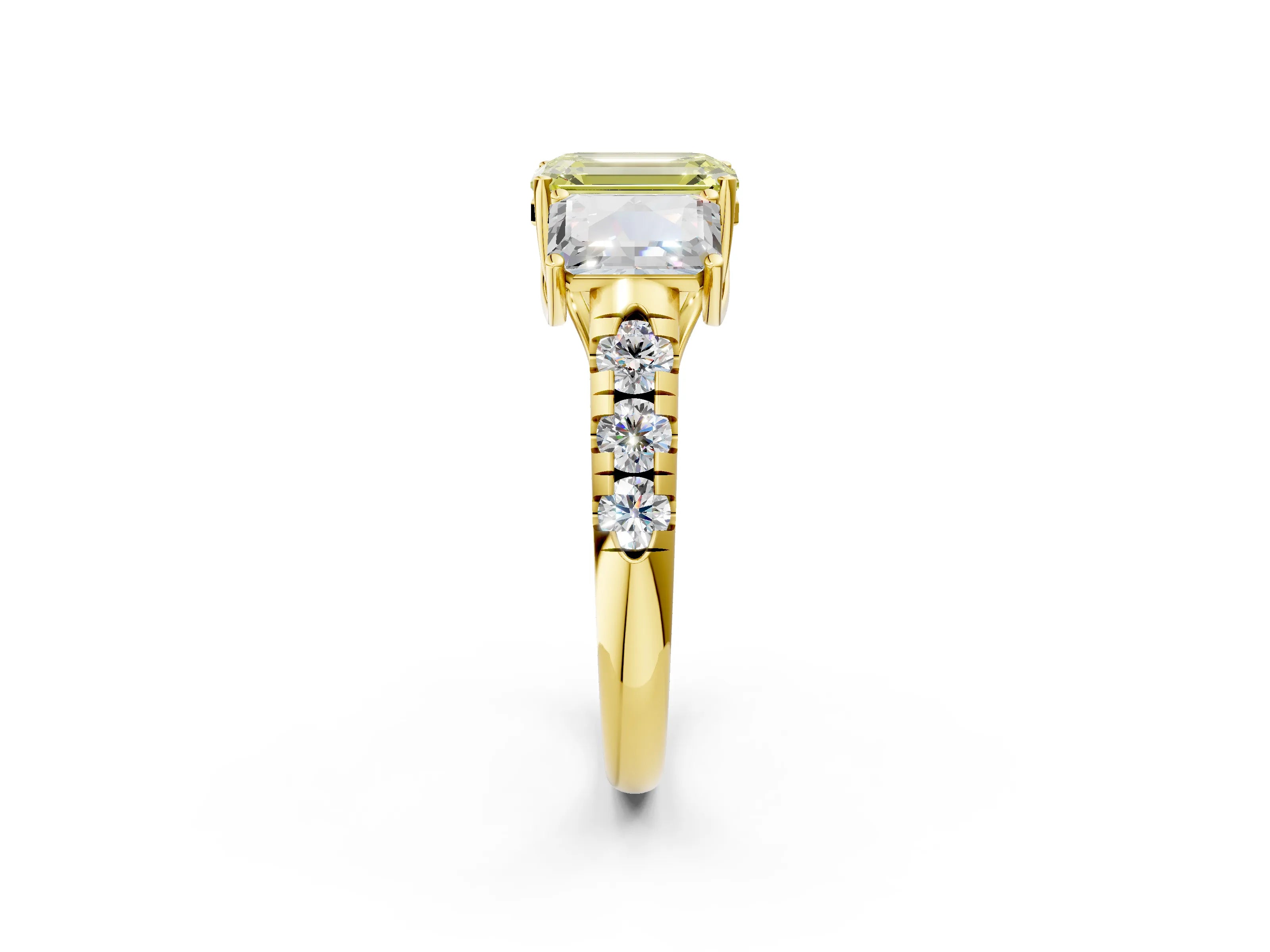 Yellow gold Three-Stone Fancy Yellow Emerald Cut Diamond Pavé Band with Prong Setting_2