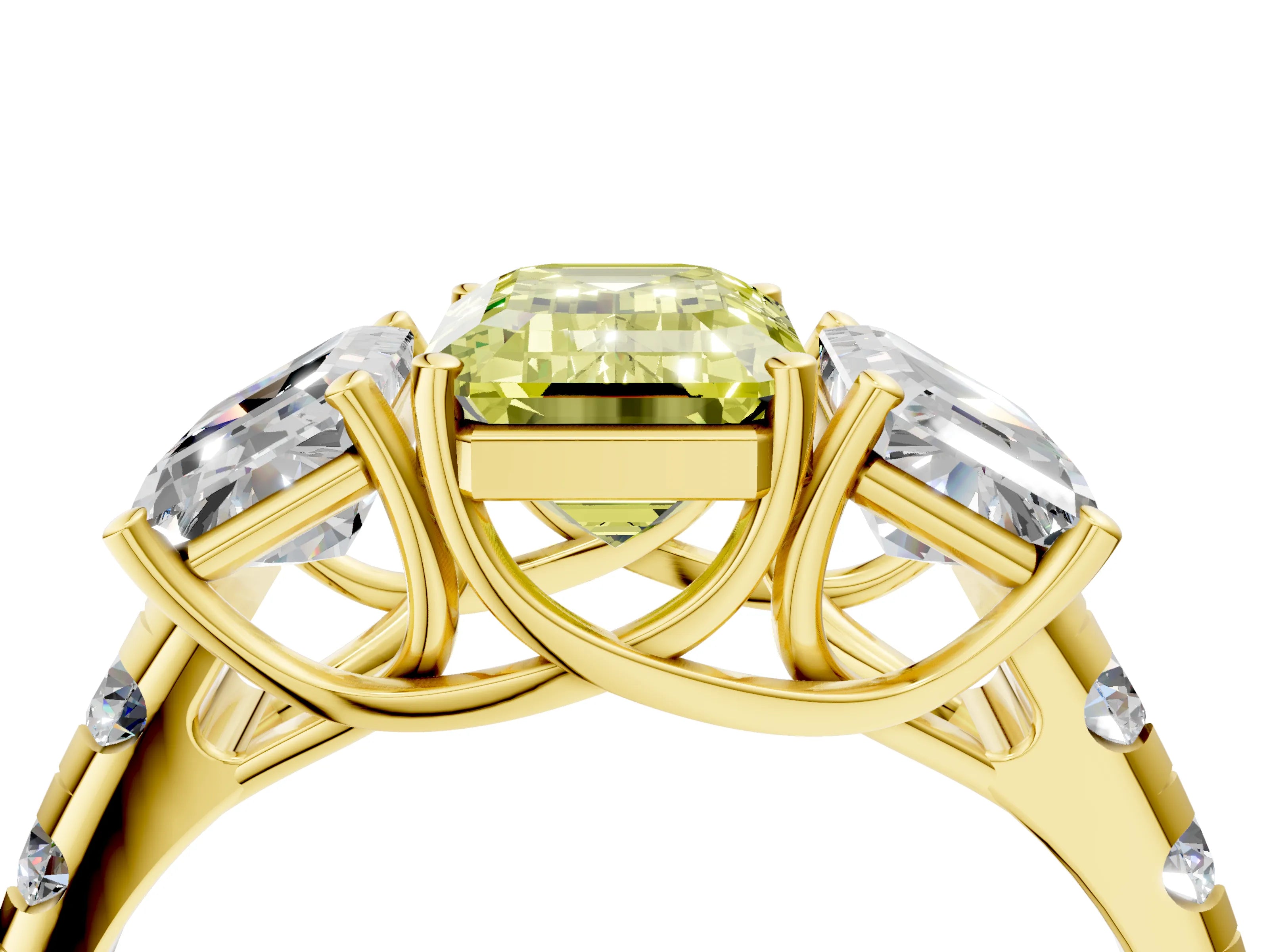 Yellow gold Three-Stone Fancy Yellow Emerald Cut Diamond Pavé Band with Prong Setting_4