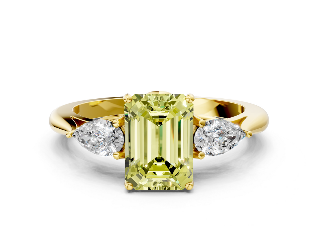 Yellow gold Three-Stone Fancy Yellow Emerald  Cut Diamond Ring with Pear Side Stones in Four-Prong Setting_116