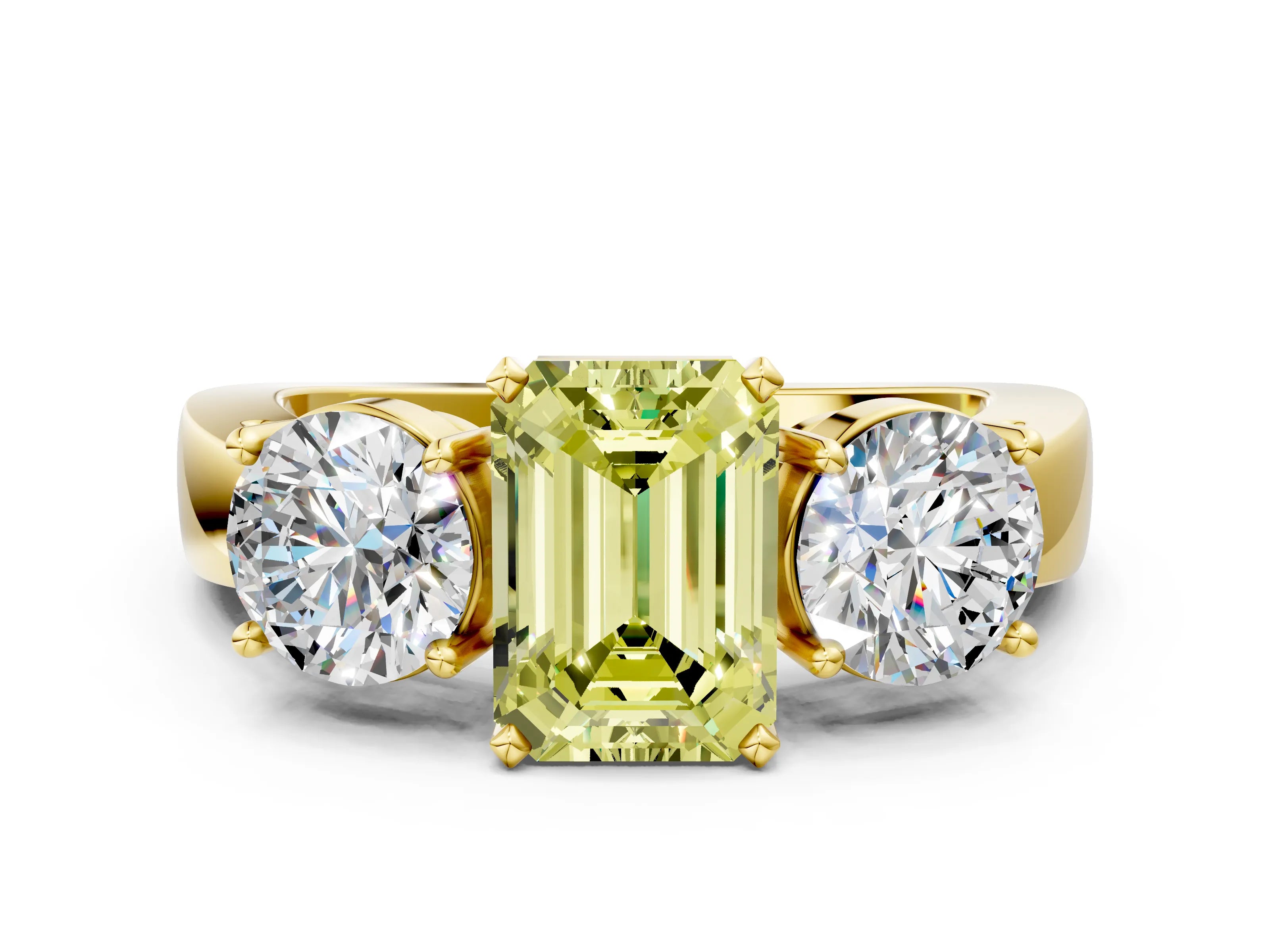 Yellow gold Three-Stone Fancy Yellow Emerald Cut Diamond Ring with Round Side Stones, Classic Band, and Four-Prong Setting