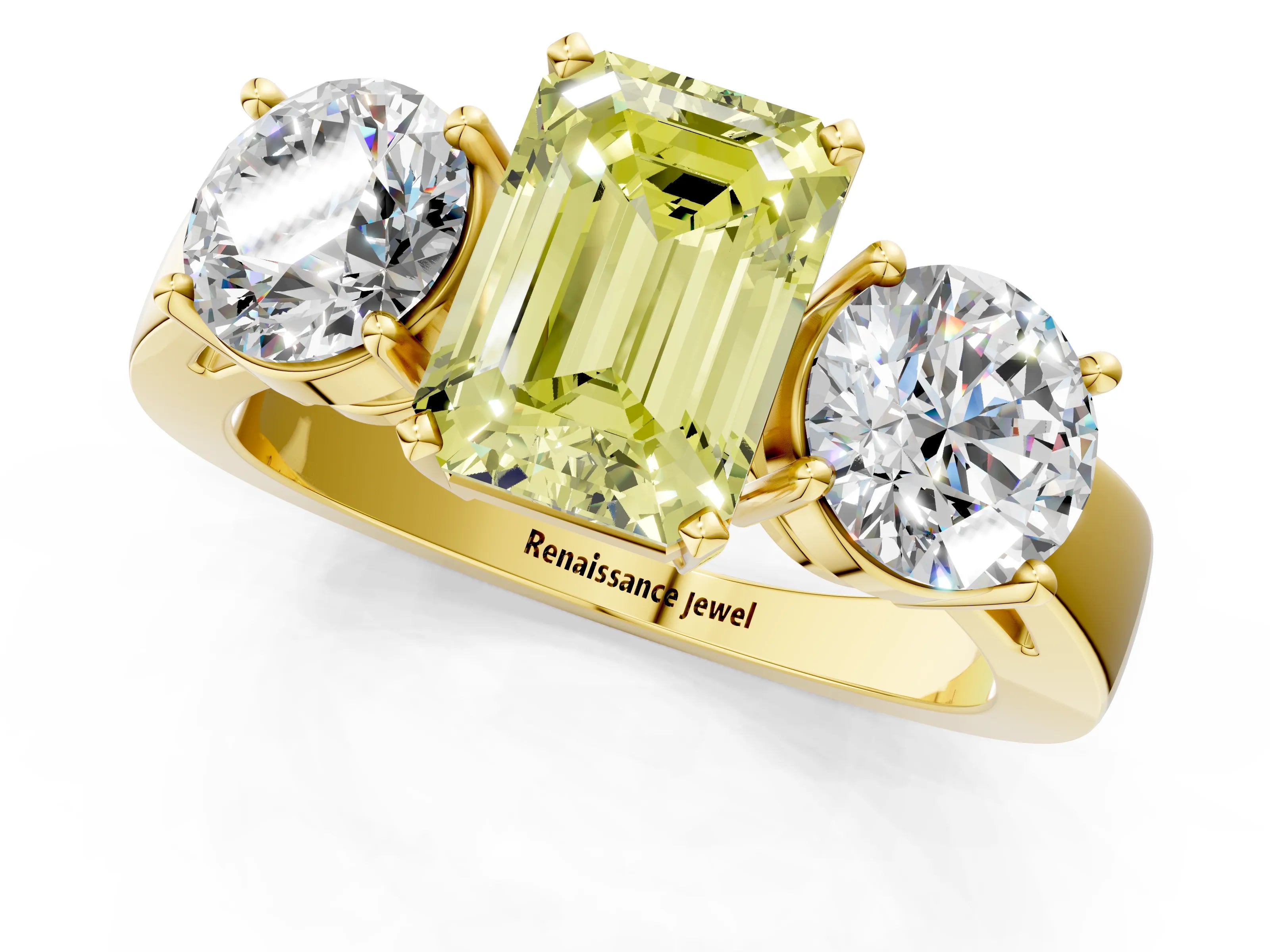 Yellow gold Three-Stone Fancy Yellow Emerald Cut Diamond Ring with Round Side Stones, Classic Band, and Four-Prong Setting_1