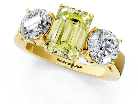 Yellow gold Three-Stone Fancy Yellow Emerald Cut Diamond Ring with Round Side Stones, Classic Band, and Four-Prong Setting_1