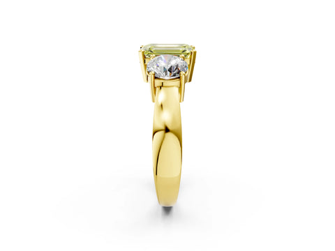 Yellow gold Three-Stone Fancy Yellow Emerald Cut Diamond Ring with Round Side Stones, Classic Band, and Four-Prong Setting_2