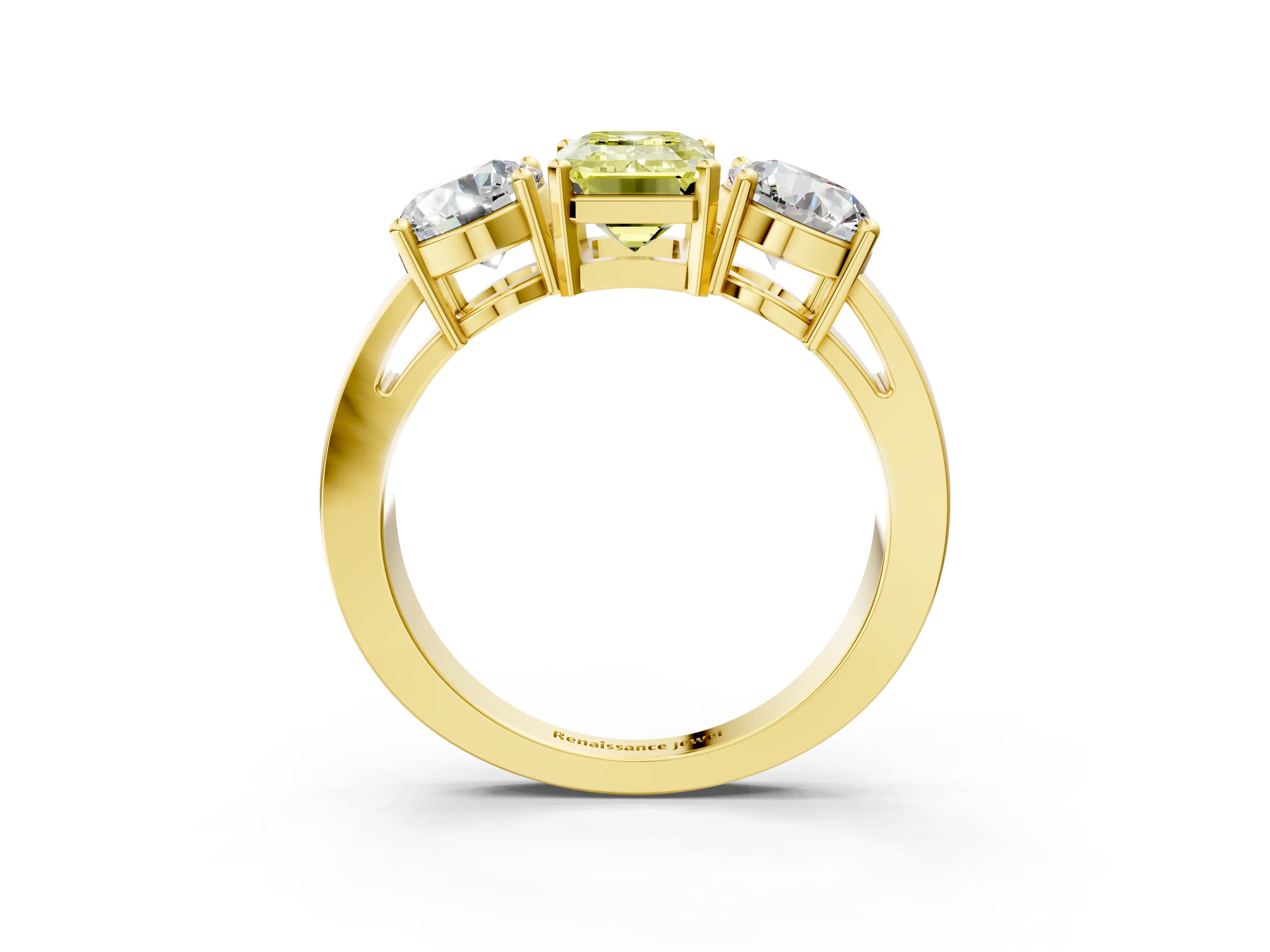 Yellow gold Three-Stone Fancy Yellow Emerald Cut Diamond Ring with Round Side Stones, Classic Band, and Four-Prong Setting_3