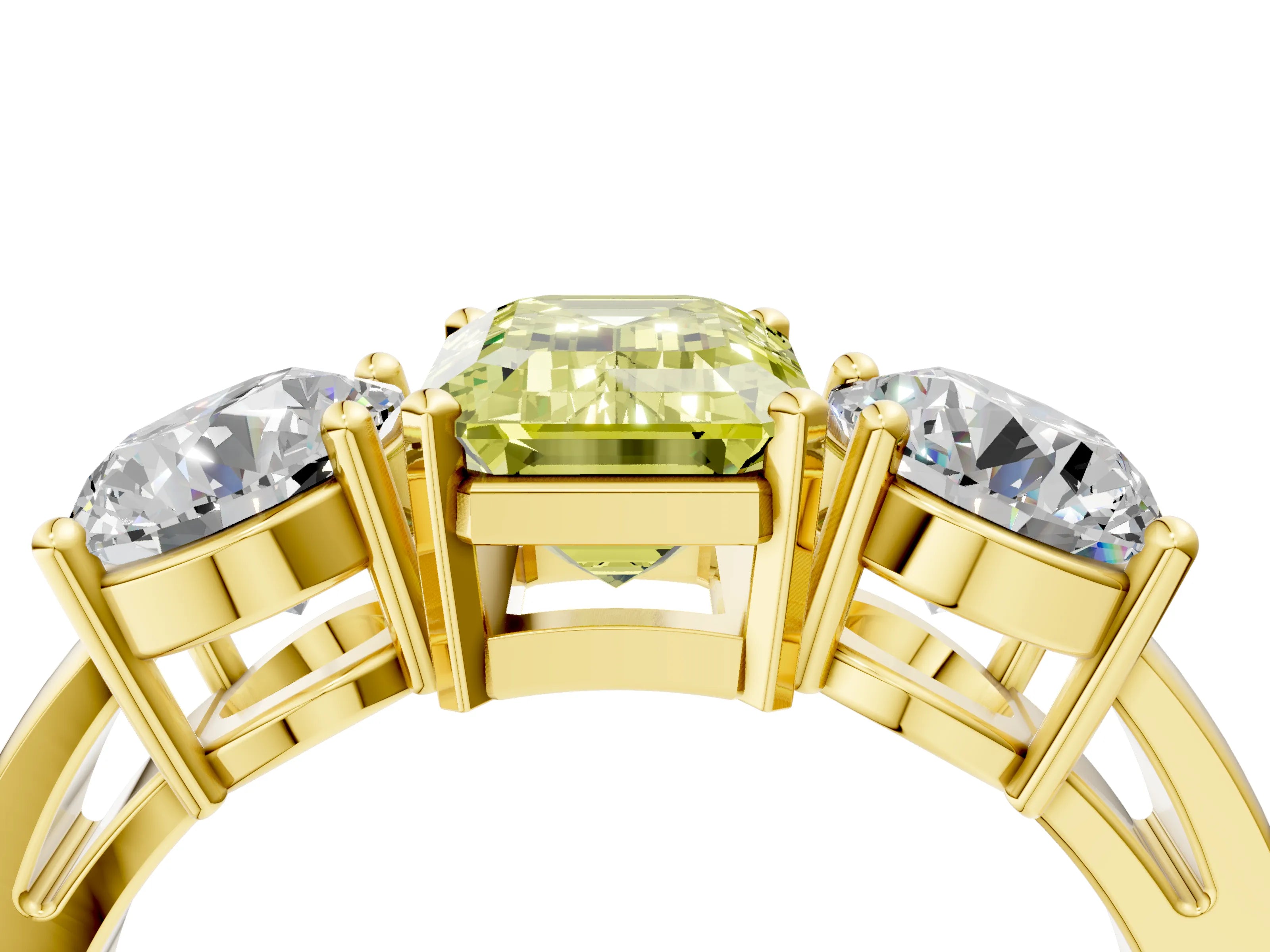Yellow gold Three-Stone Fancy Yellow Emerald Cut Diamond Ring with Round Side Stones, Classic Band, and Four-Prong Setting_4